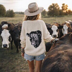 Hand Knit Custom Designer Heavy Cable Calf Face Cream V-Neck Sweater Size Large